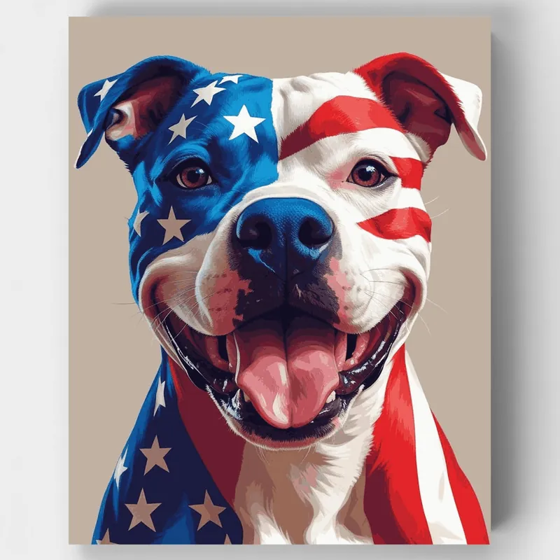 Pitbull Patriótico con Bandera Americana - Kit de pintar por números - Lienzo Enrollado / 24 Colores Máxima Calidad