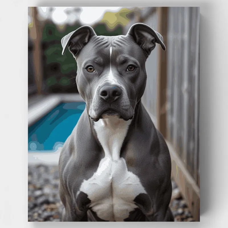 Retrato de Pitbull Gris y Blanco - Kit de pintar por números - Lienzo Enrollado / 24 Colores Ordena Ya