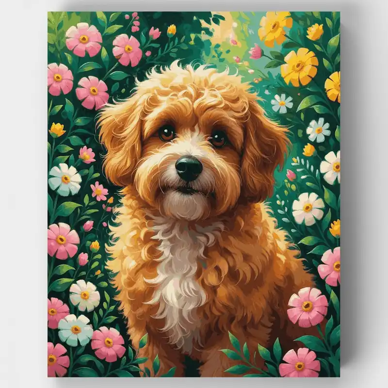 Stock Limitado Cavapoo en Jardín Floreciente - Kit de pintar por números - Lienzo Enrollado / 24 Colores
