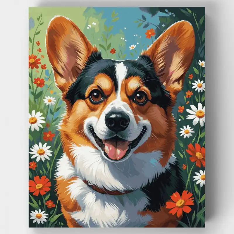 Precio De Fábrica Corgi Feliz en Jardín de Flores - Kit de pintar por números - Lienzo Enrollado / 24 Colores