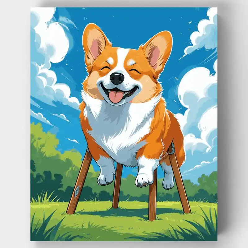Corgi Feliz sobre Zancos - Kit de Pintar por Números - Lienzo Enrollado / 24 Colores Certificado