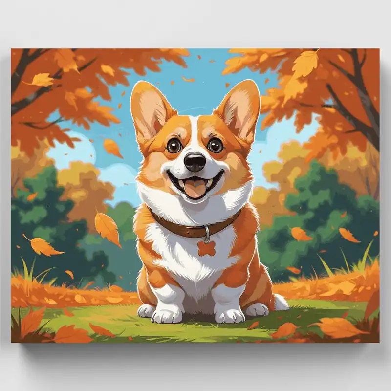 Exclusivo Corgi Feliz en Hojas de Otoño - Kit de pintar por números - Lienzo Enrollado / 24 Colores