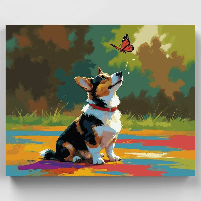 Precio De Fábrica Cachorro Corgi Observando Mariposa - Kit de pintar por números - Lienzo Enrollado / 24 Colores