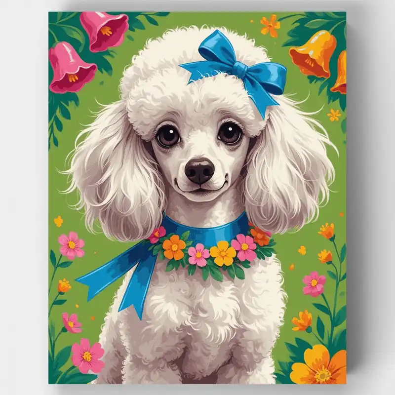 Elegante Caniche Blanco con Lazo Azul - Kit de pintar por números - Lienzo Enrollado / 24 Colores Favorito De Clientes
