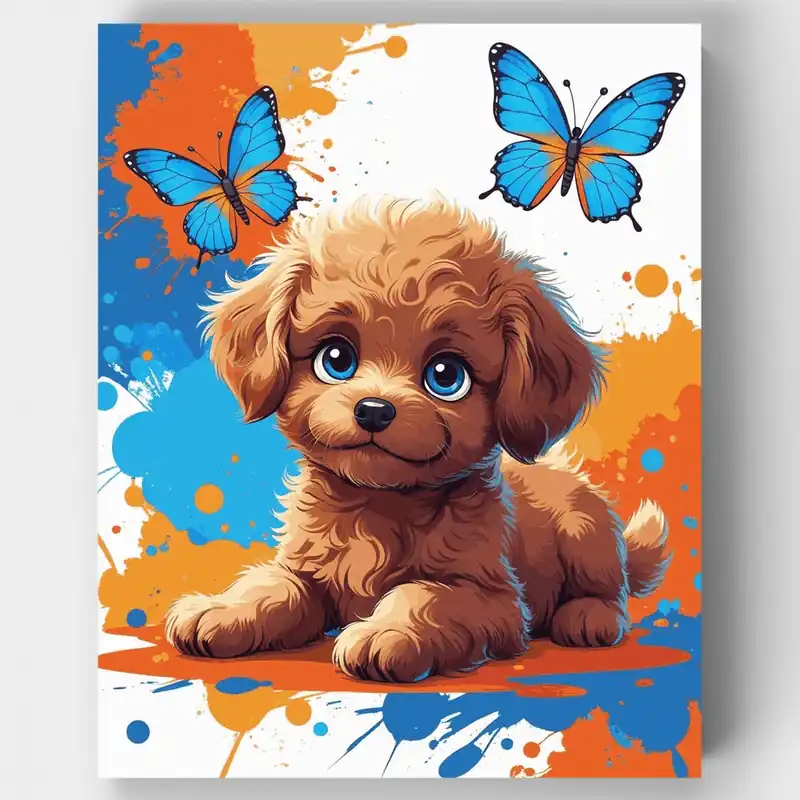 Solo Hoy Adorable Cachorro Caniche con Mariposas Azules - Kit de pintar por números - Lienzo Enrollado / 24 Colores