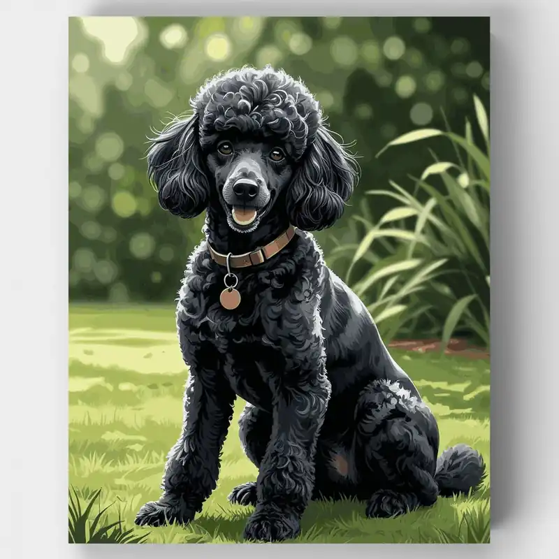 Precio Rebajado Caniche Negro en el Jardín - Kit de pintar por números - Lienzo Enrollado / 24 Colores
