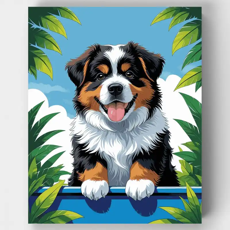 Cachorro de Perro de Montaña Bernés en el Paraíso - Kit de pintar por números - Lienzo Enrollado / 24 Colores Edición Limitada