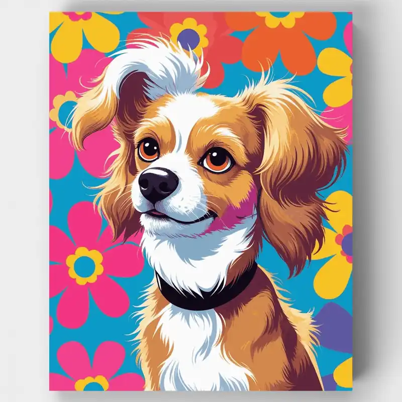 Cavalier King Charles Spaniel Feliz con Flores Coloridas - Kit de pintar por números - Lienzo Enrollado / 24 Colores Nuevo Modelo
