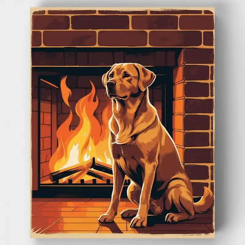 Golden Labrador junto a la Chimenea - Kit de pintar por números - Lienzo Enrollado / 24 Colores Nuevo Modelo