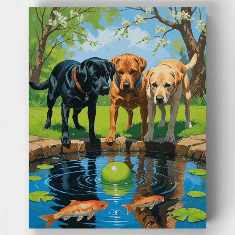 Precio De Fábrica Tres Labradores junto al Estanque - Kit de pintar por números - Lienzo Enrollado / 24 Colores