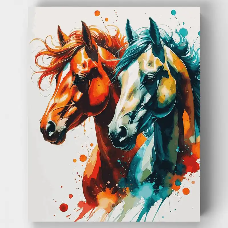 Caballos Vibrantes en Salpicaduras de Acuarela - Kit de pintar por números - Lienzo Enrollado / 24 Colores Rebajas