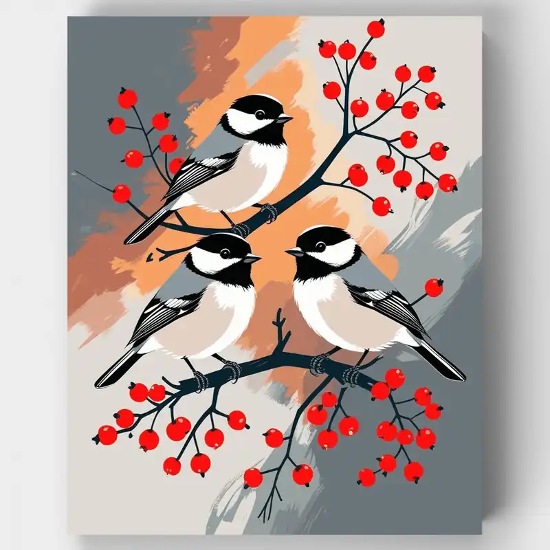 Tres Carboneros en Bayas de Invierno - Kit de pintar por números - Lienzo Enrollado / 24 Colores Oferta Flash