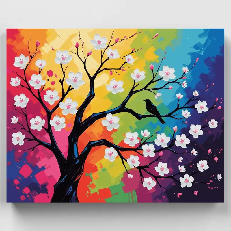 Árbol Vibrante de Cerezo en Flor con Pájaro - Kit de pintar por números - Lienzo Enrollado / 24 Colores Profesional