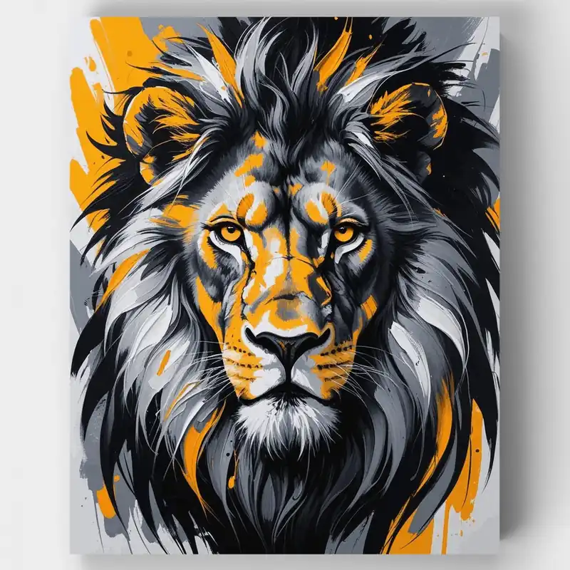 León Majestuoso en Naranja y Negro - Kit de pintar por números - Lienzo Enrollado / 24 Colores Alta Calidad