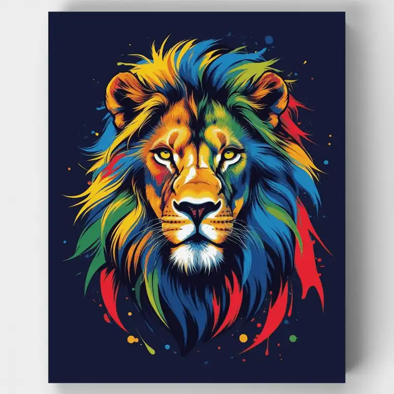 Kit de pintar por números de León Colorido Explosivo con Melena Dinámica - Lienzo Enrollado / 24 Colores Auténtico