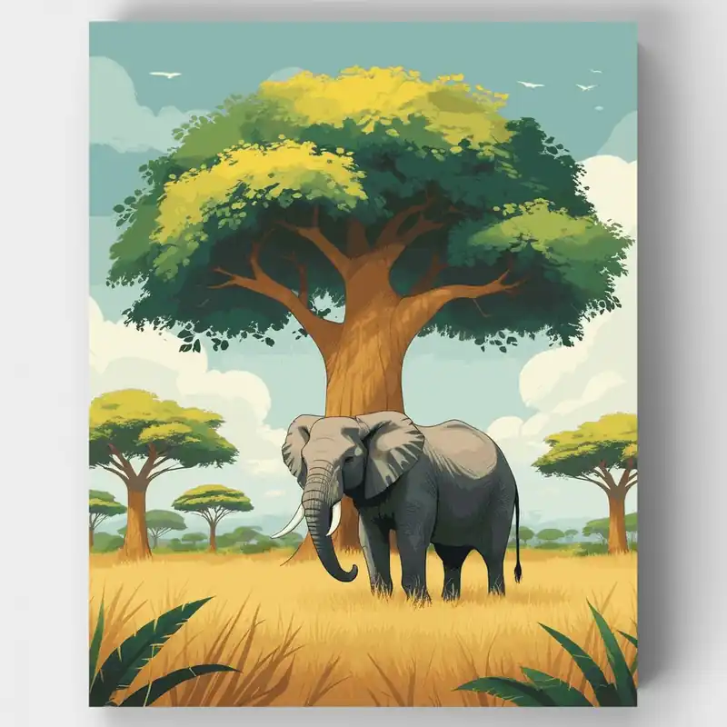 Elefante Majestuoso Bajo Baobab Africano - Kit de pintar por números - Lienzo Enrollado / 24 Colores Precio Reducido