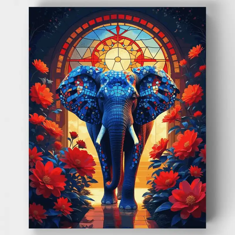 Precio Reducido Elefante Mosaico con Vidriera - Kit de pintar por números - Lienzo Enrollado / 24 Colores