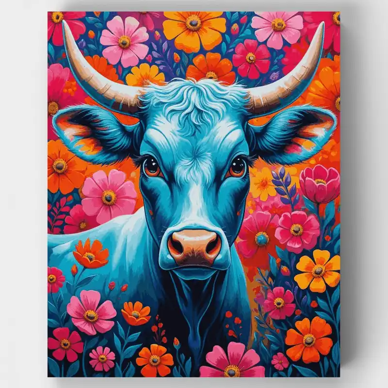 Tendencia Vaca Azul en Campo de Flores Vibrantes - Kit de pintar por números - Lienzo Enrollado / 24 Colores