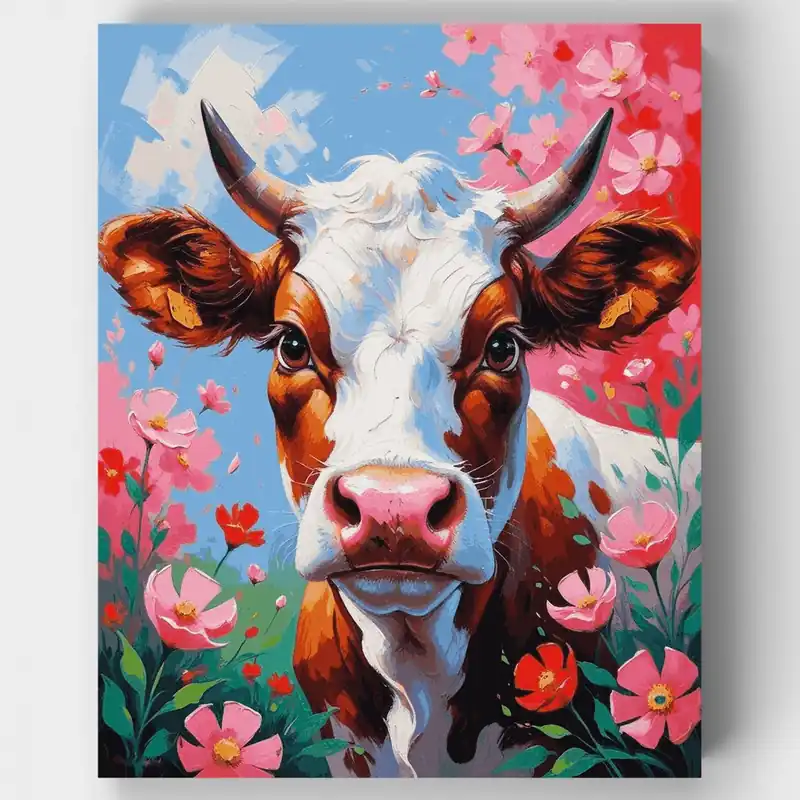 Vaca Alegre con Flores Rosas - Kit de pintar por números - Lienzo Enrollado / 24 Colores Barato