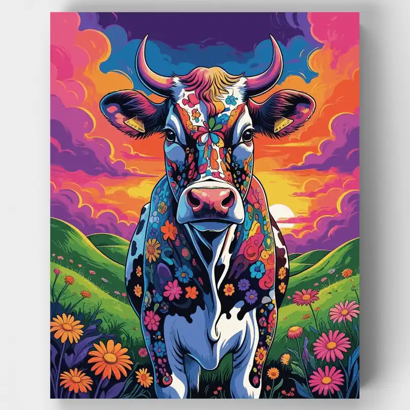 Precio De Oferta Vaca Floral Vibrante - Kit de pintar por números - Lienzo Enrollado / 24 Colores