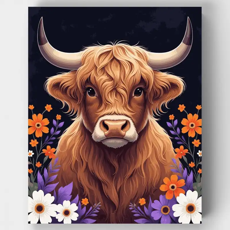 Vaca Highland con Flores - Kit de pintar por números - Lienzo Enrollado / 24 Colores Garantía Incluida