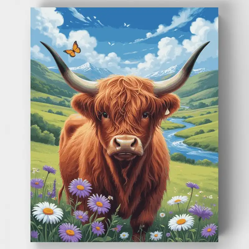 Vaca Highland en Pradera - Kit de pintar por números - Lienzo Enrollado / 24 Colores Edición Limitada