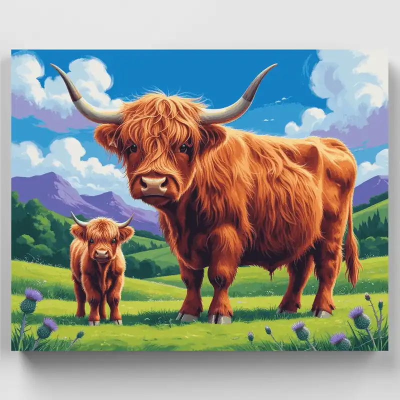 Vacas de las Tierras Altas y Ternero en Pradera Escocesa - Kit de pintar por números - Lienzo Enrollado / 24 Colores Disponible Ahora
