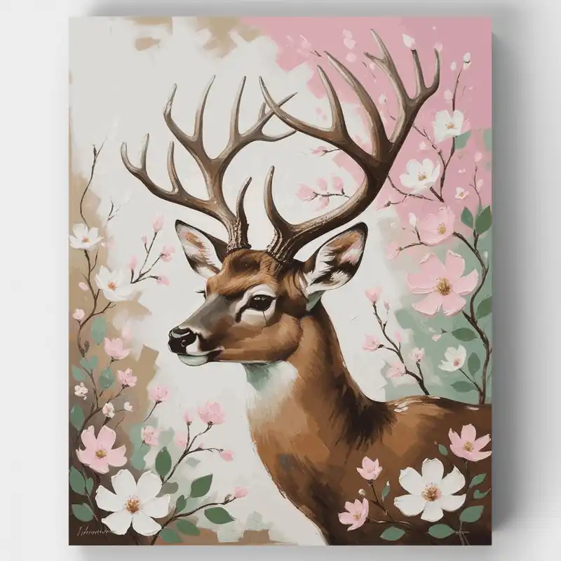 Envío Inmediato Ciervo Majestuoso con Flores de Primavera - Kit de pintar por números - Lienzo Enrollado / 24 Colores