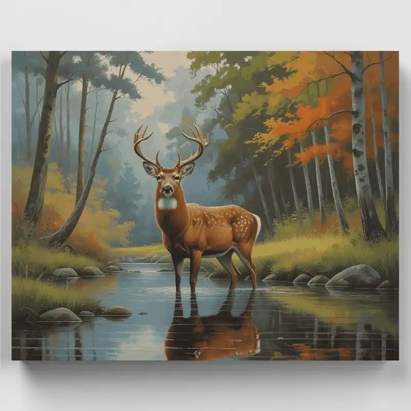 Majestuoso Ciervo Reflejado en Arroyo Otoñal - Kit de pintar por números - Lienzo Enrollado / 24 Colores Económico