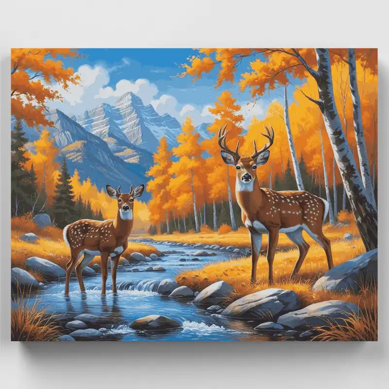 Precio De Oferta Ciervo de Otoño junto al Arroyo de Montaña - Kit de pintar por números - Lienzo Enrollado / 24 Colores