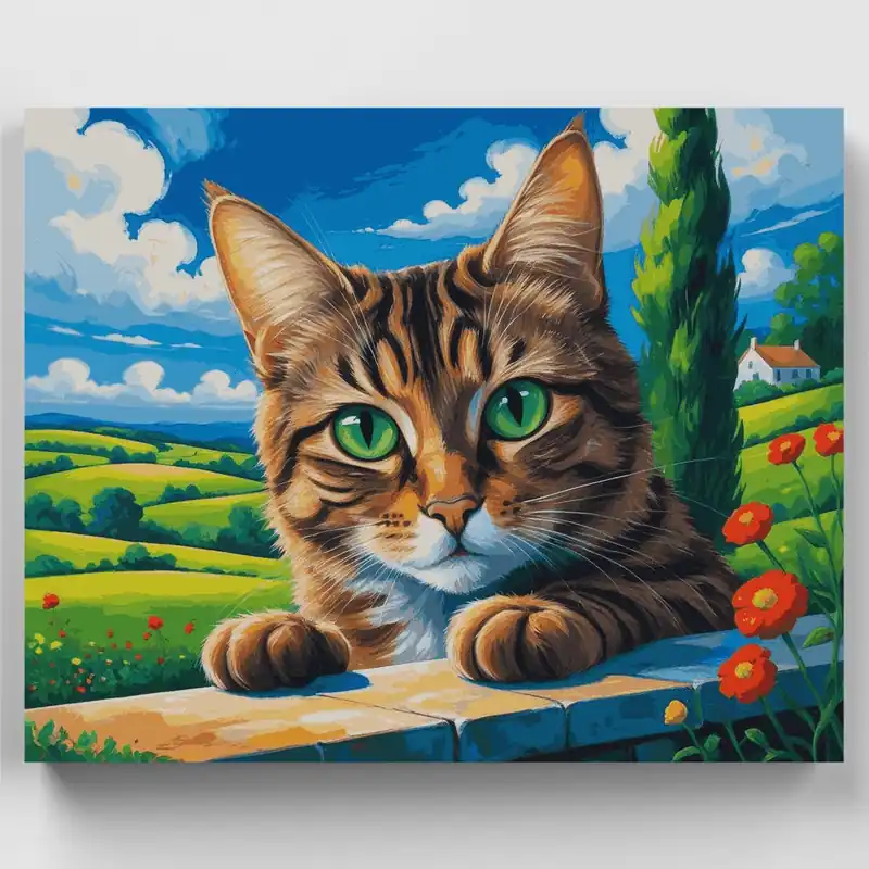 Gato Atigrado en la Campiña Toscana - Kit de pintar por números - Lienzo Enrollado / 24 Colores Última Versión