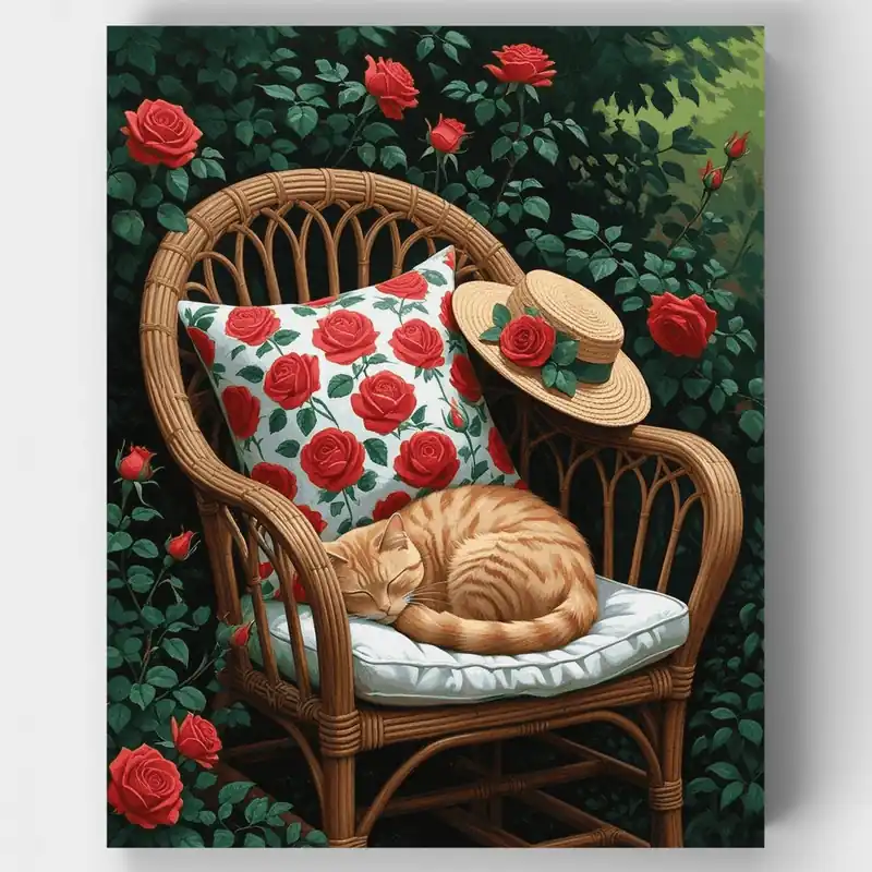 Envío Inmediato Gato Jengibre Durmiendo en Jardín de Rosas - Kit de Pintar por Números - Lienzo Enrollado / 24 Colores