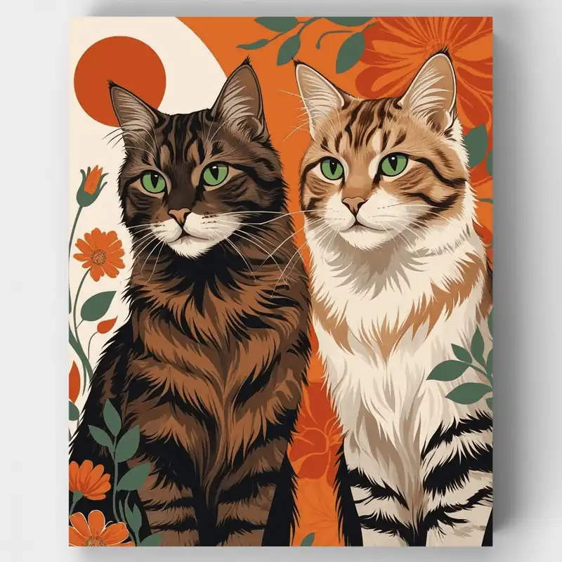 Solo Por Tiempo Limitado Dos Gatos Atigrados con Fondo Floral Naranja - Kit de pintar por números - Lienzo Enrollado / 24 Colores