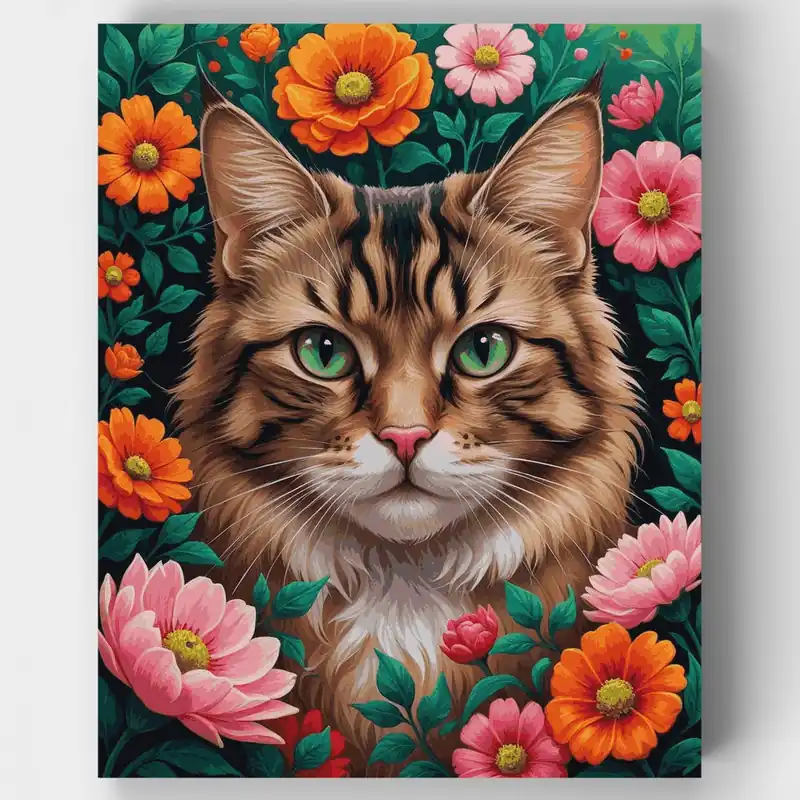Precio Reducido Gato Atigrado Esponjoso en Jardín Florecido - Kit de pintar por números - Lienzo Enrollado / 24 Colores