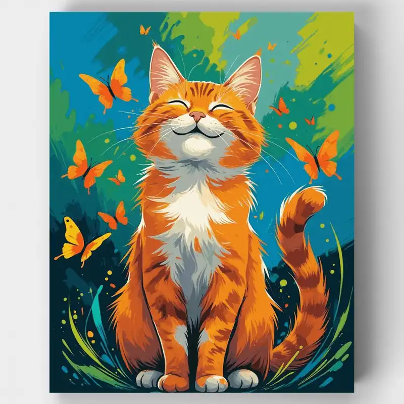 Gato Atigrado Naranja Feliz con Mariposas - Kit de pintar por números - Lienzo Enrollado / 24 Colores Devolución Gratuita