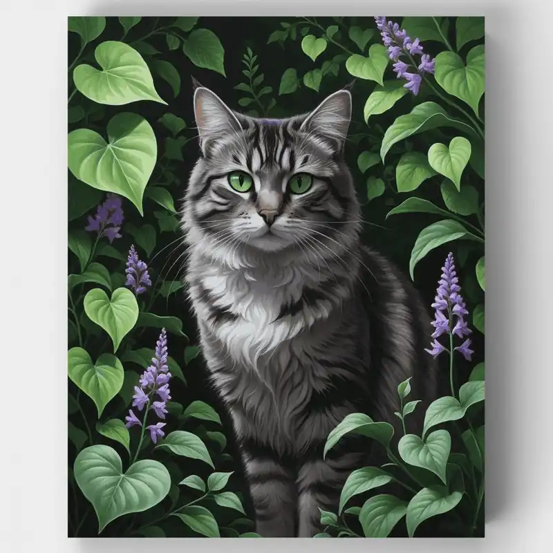 Gato Atigrado en Jardín Botánico - Kit de pintar por números - Lienzo Enrollado / 24 Colores Oferta Limitada