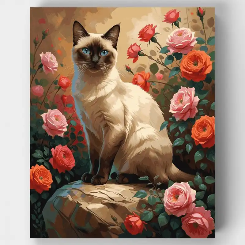 Gato Siamés Entre Rosas - Kit de pintar por números - Lienzo Enrollado / 24 Colores Precio De Oferta
