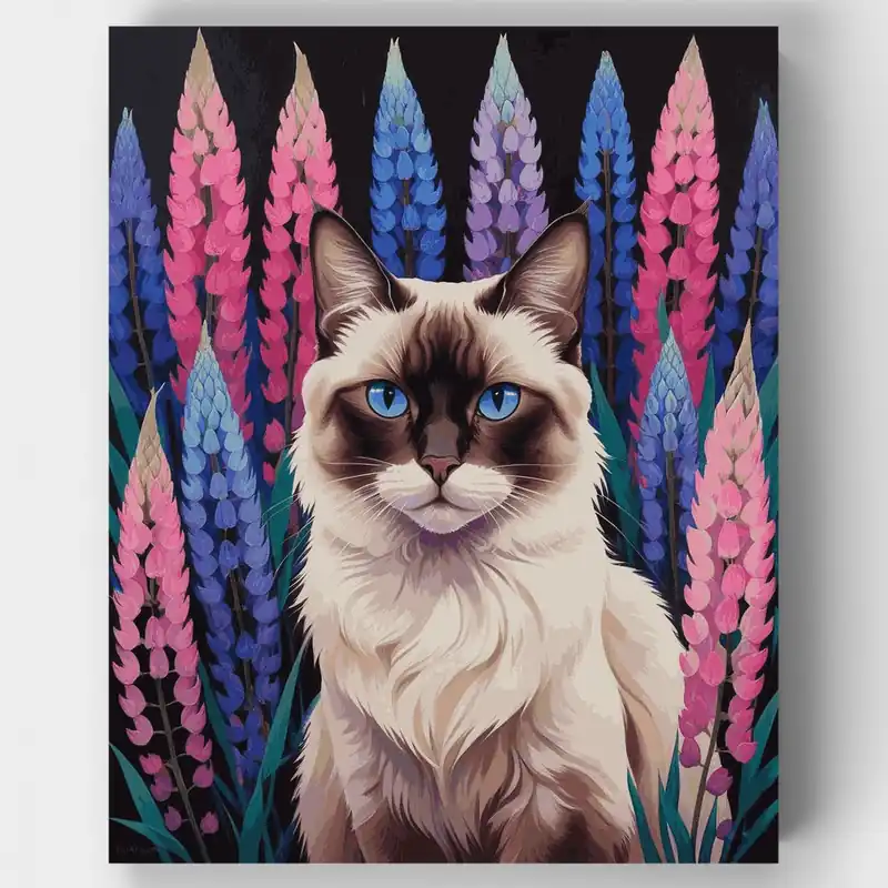Gato Ragdoll en Jardín de Lupinos - Kit de pintar por números - Lienzo Enrollado / 24 Colores No Te Lo Pierdas