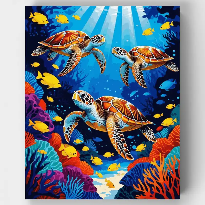 Hecho A Mano Tortugas Marinas Nadando con Peces Tropicales - Kit de pintar por números - Lienzo Enrollado / 24 Colores