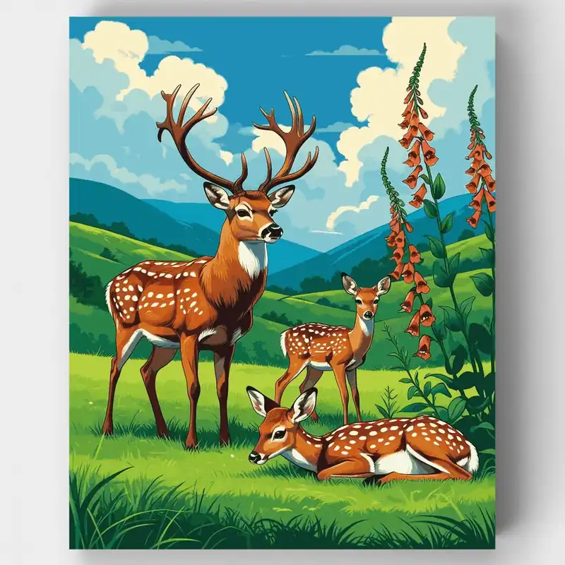 Familia de Ciervos en Pradera de Montaña - Kit de pintar por números - Lienzo Enrollado / 24 Colores Profesional