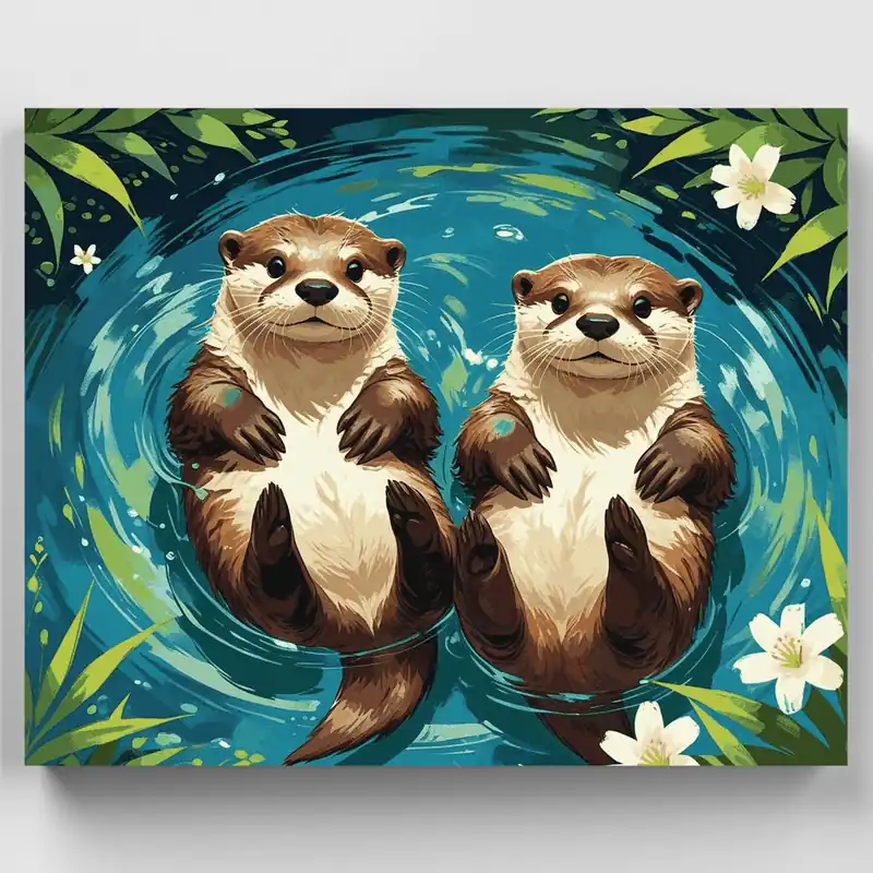 Adorables Nutrias Flotando en el Agua - Kit de Pintar por Números - Lienzo Enrollado / 24 Colores Directo De Fábrica