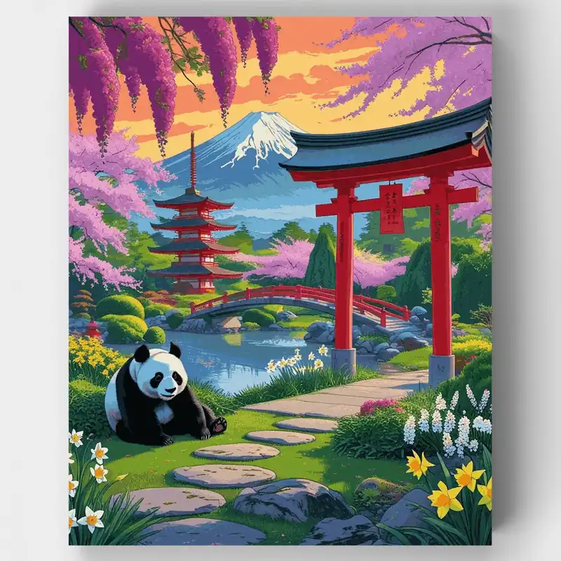 Jardín Japonés con Panda y Monte Fuji - Kit de pintar por números - Lienzo Enrollado / 24 Colores Envío Exprés
