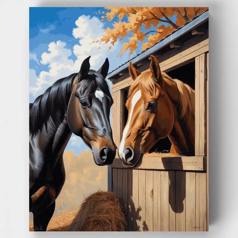 Dos Caballos en el Establo - Kit de pintar por números - Lienzo Enrollado / 24 Colores Popular