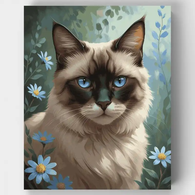 Gato Siamés con Ojos Azules en Jardín de Flores - Kit de Pintar por Números - Lienzo Enrollado / 24 Colores Mejor Calidad