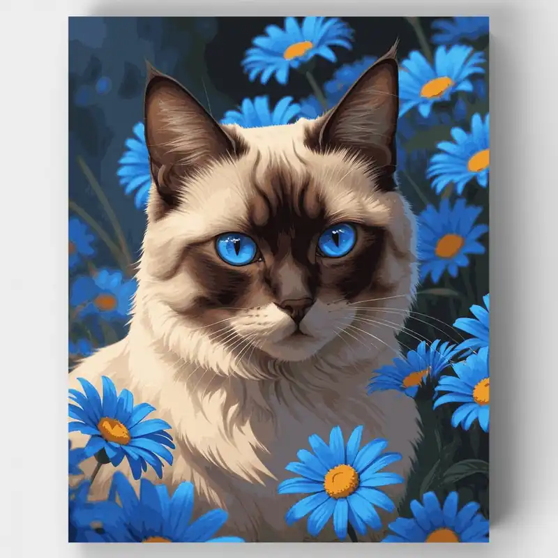 Gato Siamés con Margaritas Azules - Kit de pintar por números - Lienzo Enrollado / 24 Colores Original