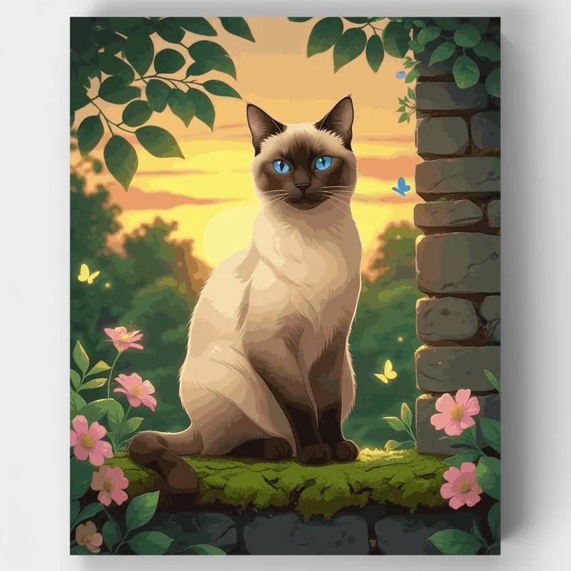 Gato Siamés en Jardín al Atardecer - Kit de pintar por números - Lienzo Enrollado / 24 Colores Últimas Unidades