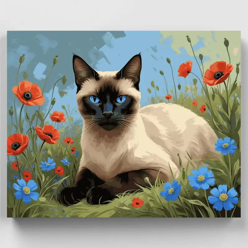 Gato Siamés en Prado de Flores Silvestres - Kit de pintar por números - Lienzo Enrollado / 24 Colores Certificado