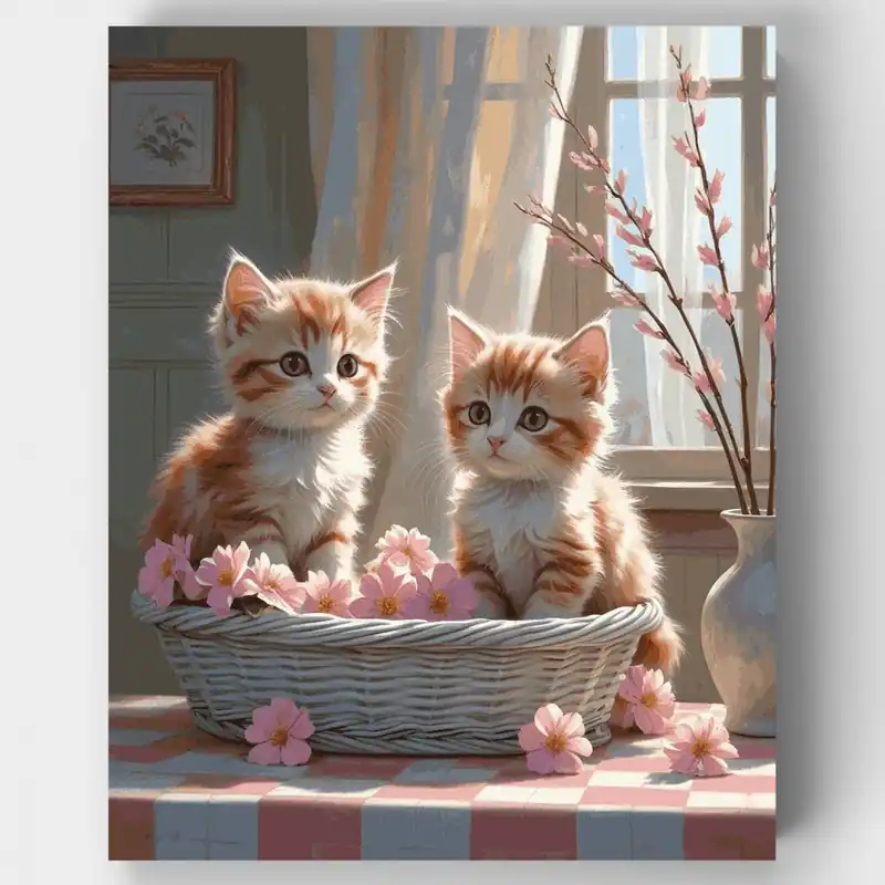 Dos Gatitos Naranjas Atigrados en una Cesta - Kit de pintar por números - Lienzo Enrollado / 24 Colores No Te Lo Pierdas