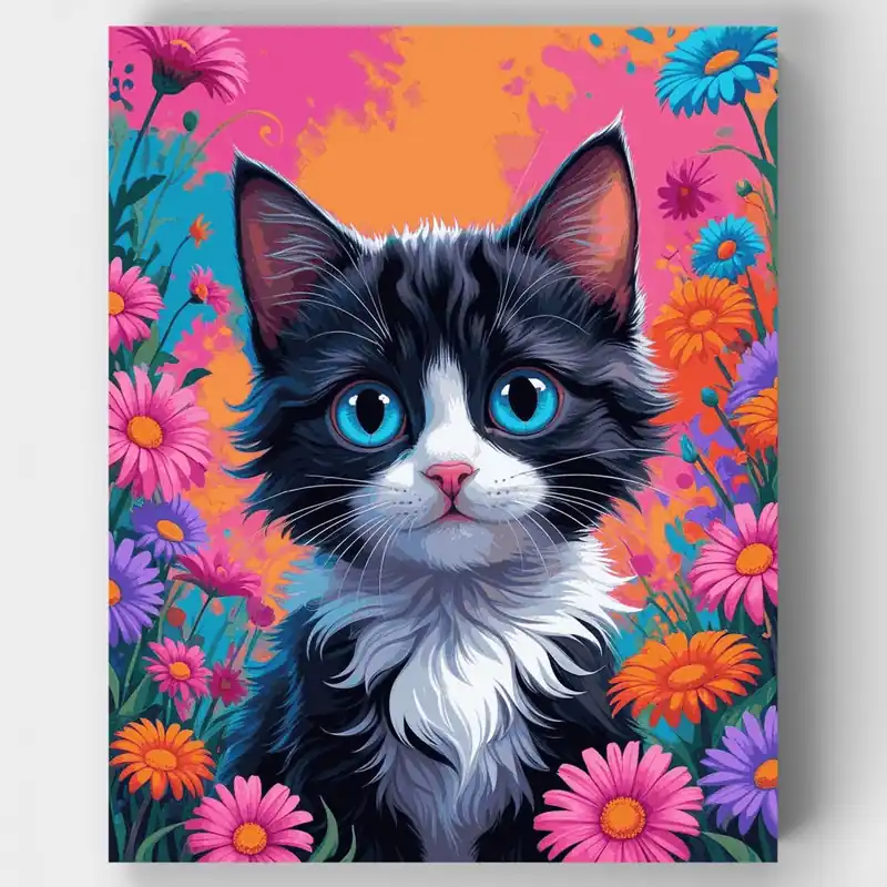 Kit de Gato Esmoquin en Jardín de Flores Vibrantes - Kit de pintar por números - Lienzo Enrollado / 24 Colores Máxima Calidad