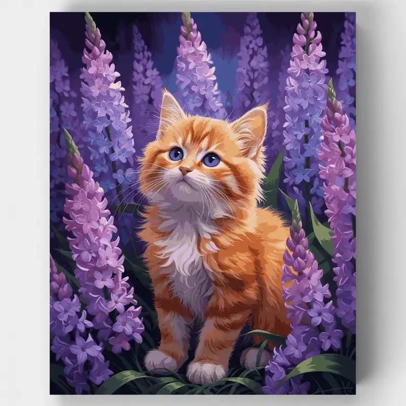 Precio De Fábrica Gatito Naranja en Jardín de Lavanda Púrpura - Kit de pintar por números - Lienzo Enrollado / 24 Colores
